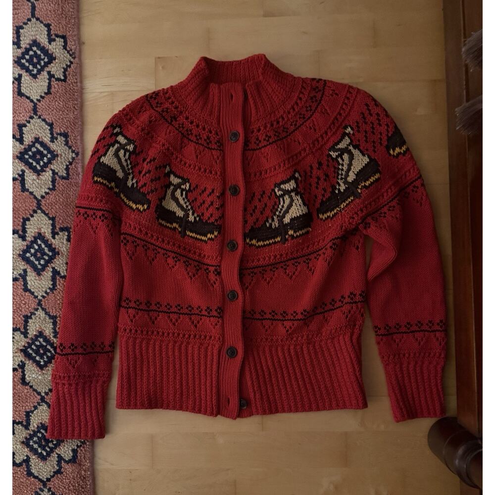 L.L.Bean Red Duck Boots Fair Isle Knit Cardigan Mock Neck Cotton Small - Picture 2 of 4
